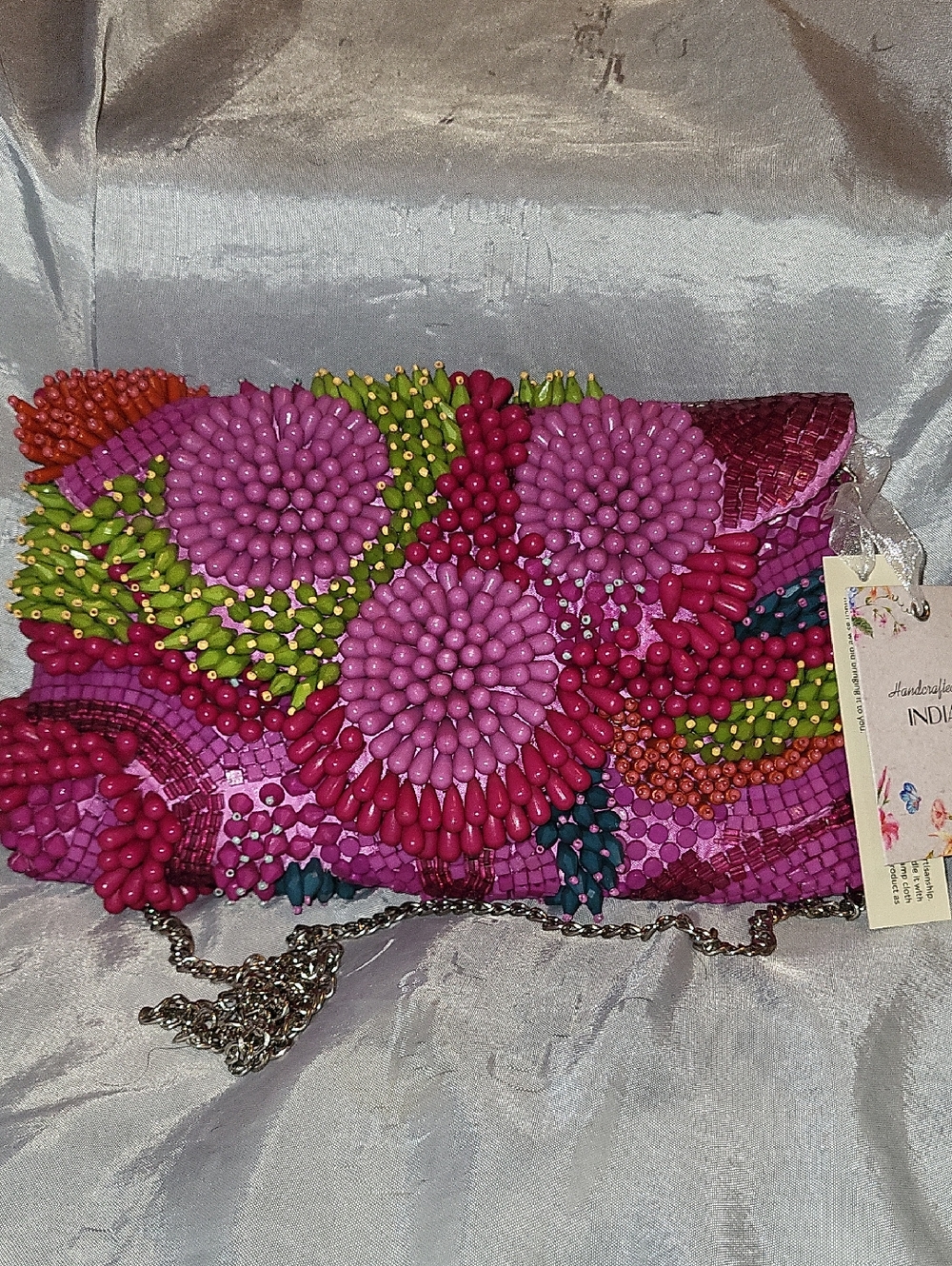 Handcrafted In India Beaded Floral Embellished Clutch with Chain Plum Grape